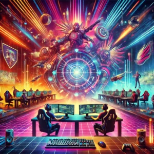 DALL·E 2024-07-24 10.36.19 - A vibrant and dynamic esports scene featuring intense competition, futuristic gaming setups, neon lights, and energetic players. The background is fil