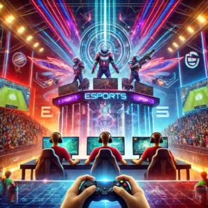 DALL·E 2024-07-24 10.36.46 - A vibrant and dynamic esports scene featuring intense competition, futuristic gaming setups, neon lights, and energetic players. The background is fil